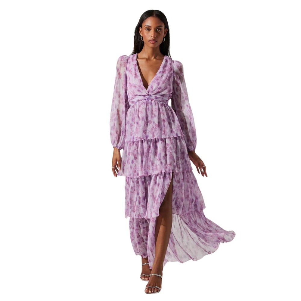 ASTR The Label Sibylla Maxi Dress Sz XS Purple Pink Chiffon Tiered Ruffle READ - Picture 6 of 8
